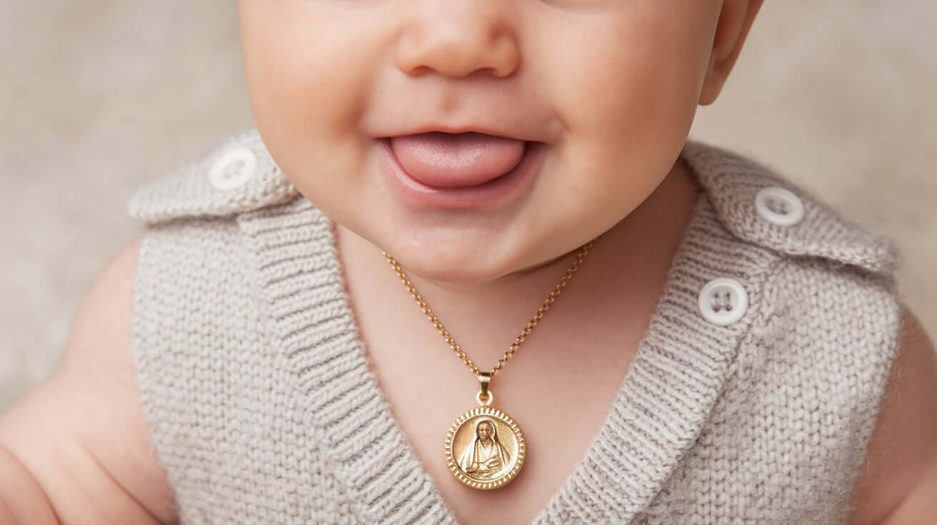 Médaille et chaîne de baptême au cou d'un bébé